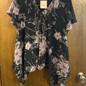 BloomChic Black Blouse with Pink Floral Pattern